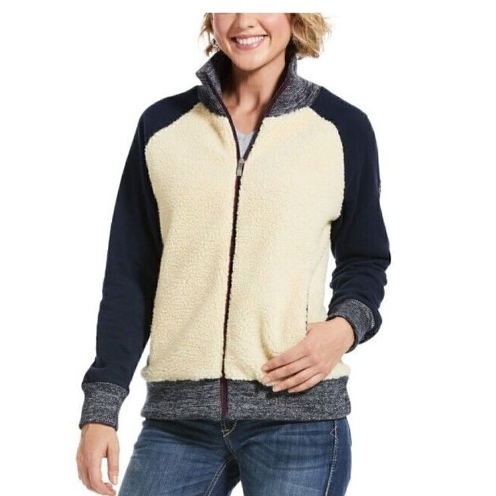 NWT ARIAT/ARIAT TEK Womens Sherpa Baseball Bomber Jacket Cream/Blue Sz XS $89.95